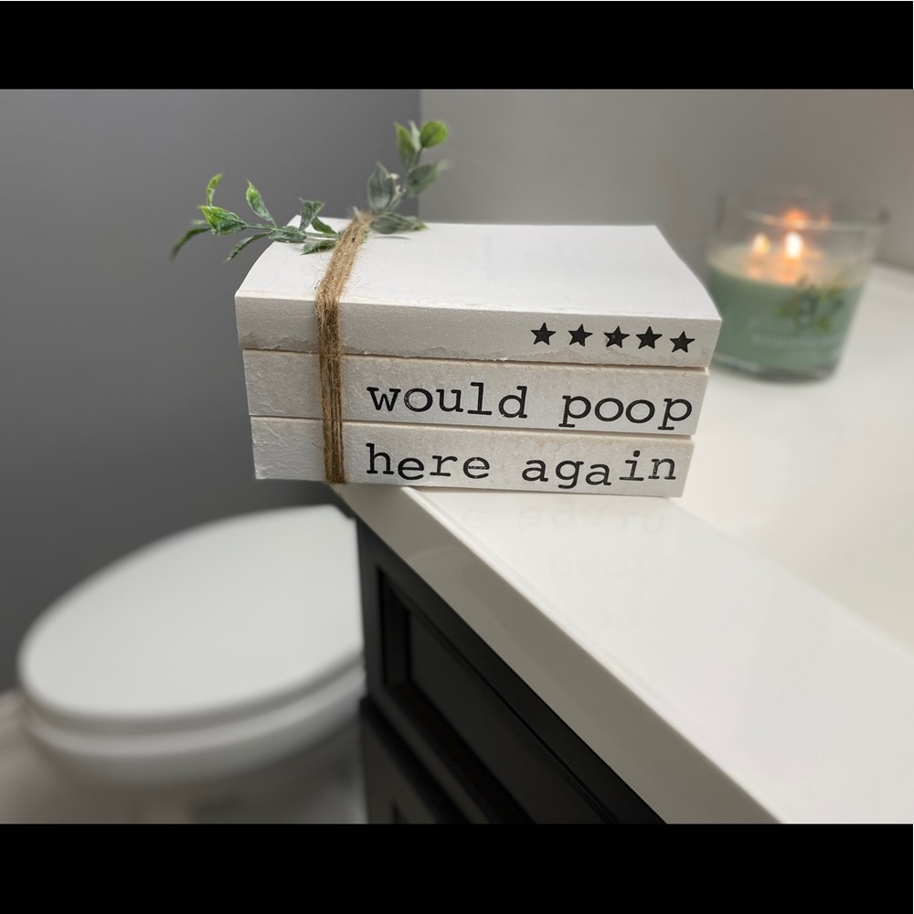 Farmhouse hand stamped book stack home decor